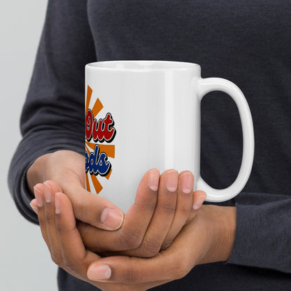 Far Out Goods retro logo mug with red and blue 70s-style script over an orange and yellow sunburst design.