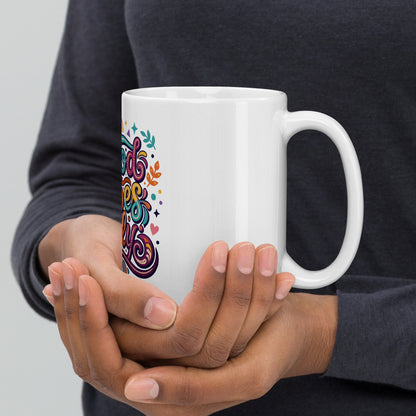 Retro coffee mug featuring 'Good Vibes Only' text in groovy lettering with rainbows, suns, and colorful stars.