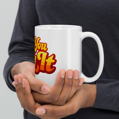 Retro sunset gradient typography reading Can You Dig It in bold orange and yellow groovy letters on a ceramic mug.