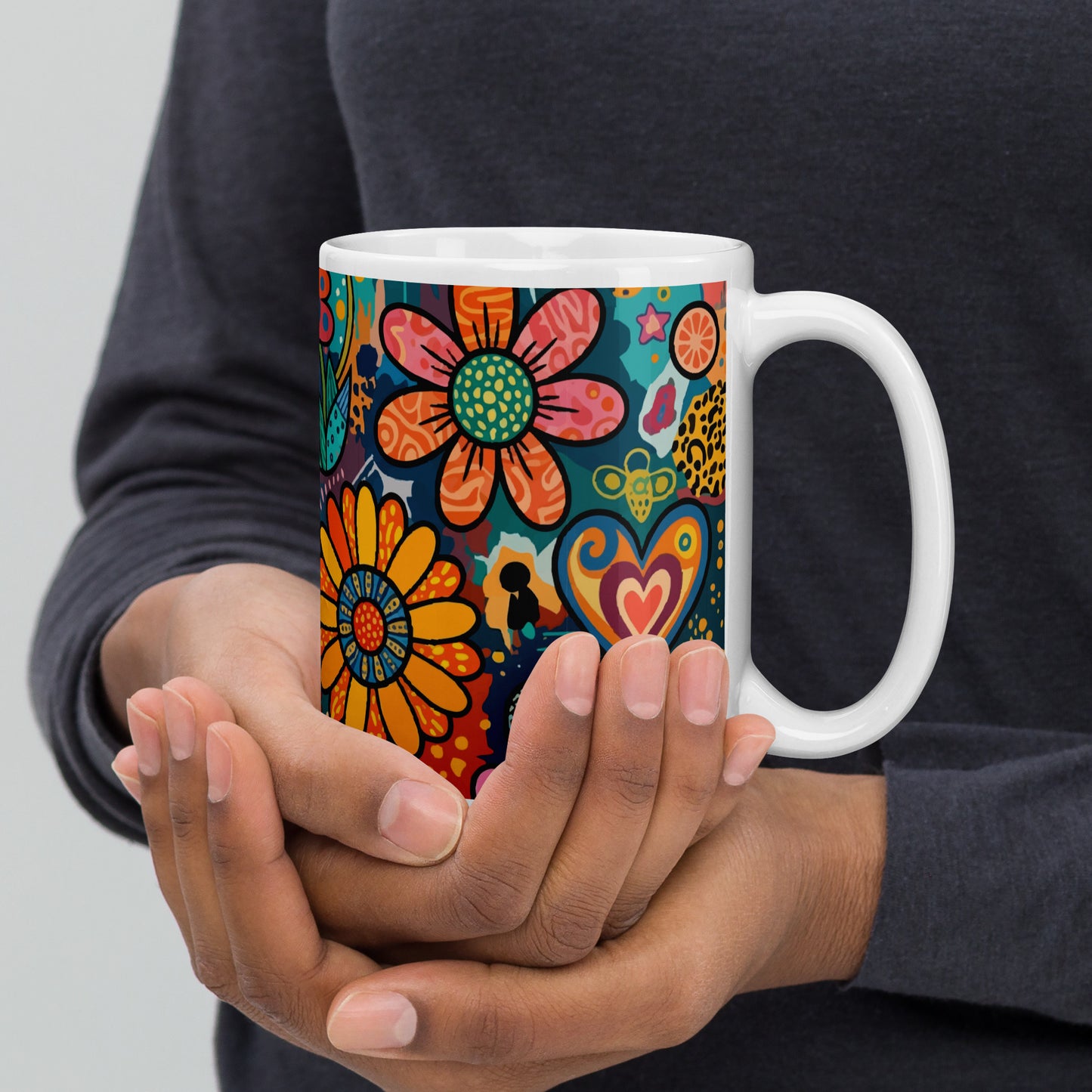 Vibrant retro psychedelic ceramic mug featuring colorful 60s flower power doodles and patterned hearts art.