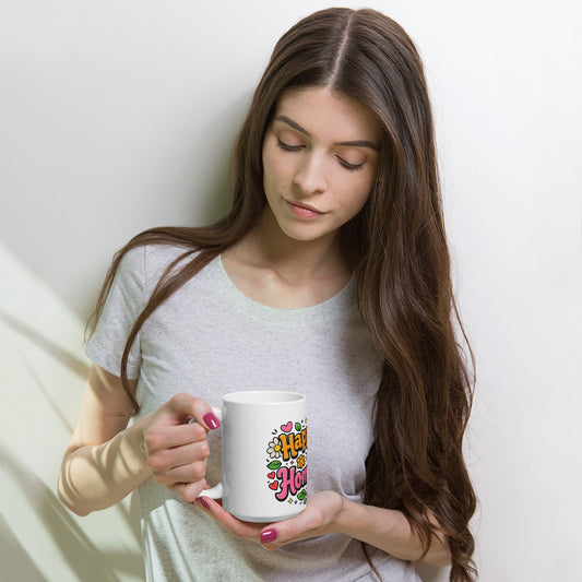 Retro coffee mug featuring 'Happiness is Homemade' text with 70s-style flowers and hearts on a black background.