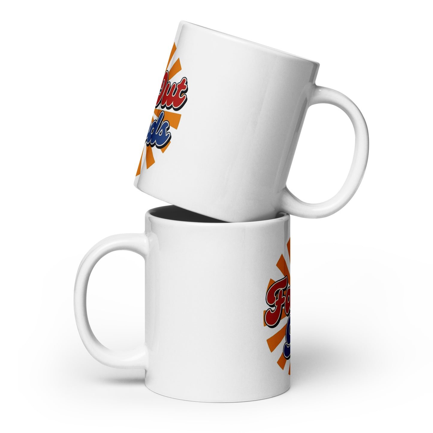Far Out Goods retro logo mug with red and blue 70s-style script over an orange and yellow sunburst design.