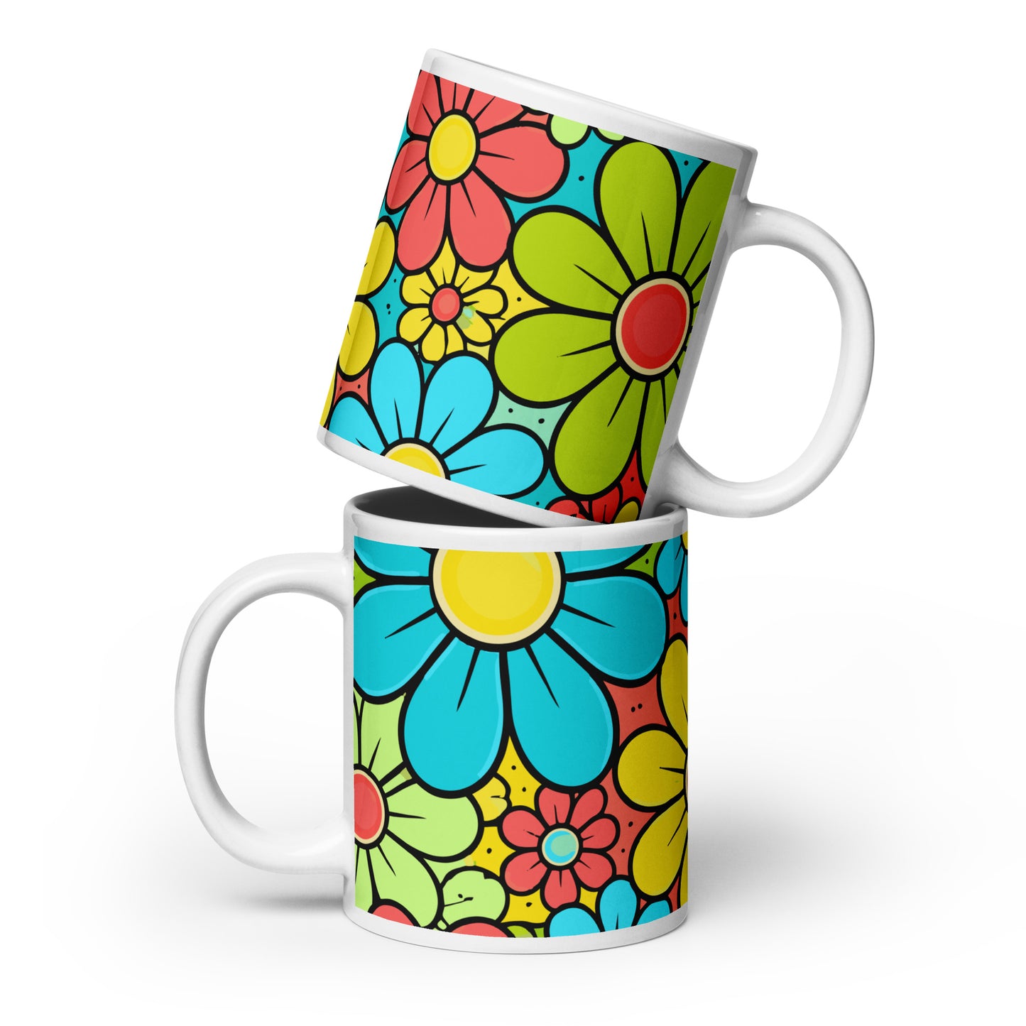 Vibrant retro 70s flower power pattern with teal, yellow, and red blossoms on a colorful floral ceramic mug.