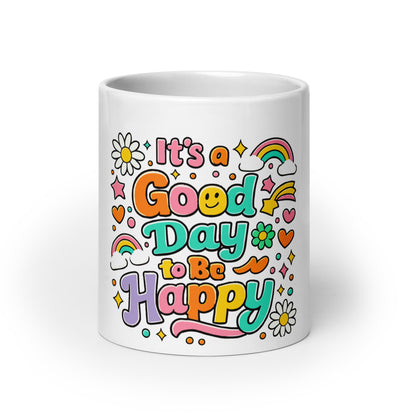 Groovy 70s style mug design with "It's a Good Day to Be Happy" text, rainbows, and daisies on a black background.