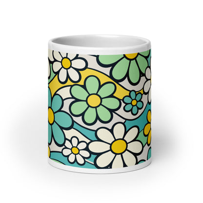 Seamless 70s retro floral pattern mug with teal and yellow daisies and wavy lines on a light background.