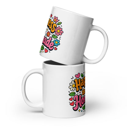 Retro coffee mug featuring 'Happiness is Homemade' text with 70s-style flowers and hearts on a black background.