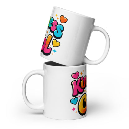 3D bubble lettering saying Kindness is Cool with colorful hearts and stars on a black background for a coffee mug., Faroutgoods