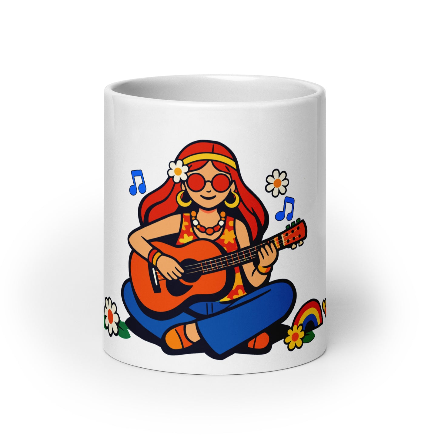 Retro illustration of a hippie girl with sunglasses playing guitar, printed on a ceramic coffee and tea mug.