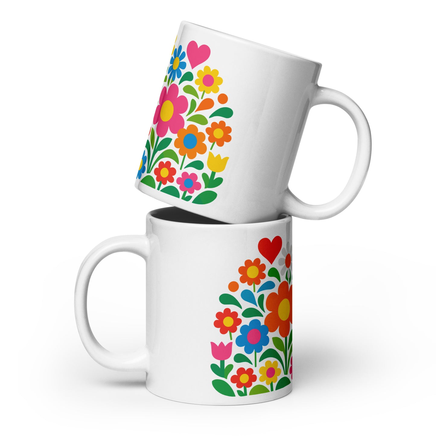 Vibrant 70s retro flower power bouquet with colorful blooms and pink and red hearts on a white ceramic mug.