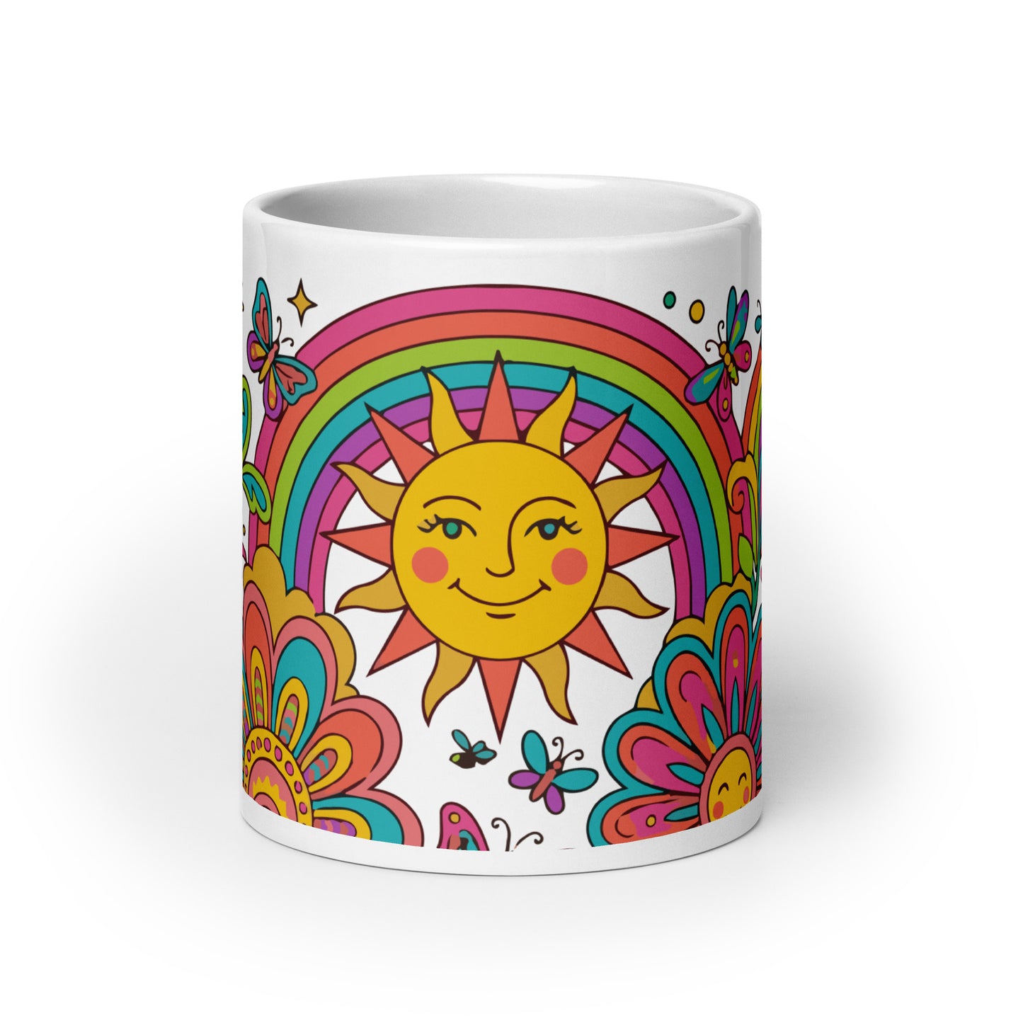Vibrant 70s psychedelic ceramic mug design with smiling flowers, colorful rainbows, trippy mushrooms, and a sun.