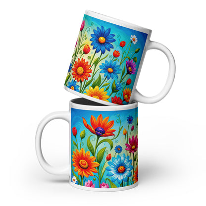 Vibrant retro flower power ceramic mug featuring a colorful field of psychedelic 1960s style wildflowers and daisies.