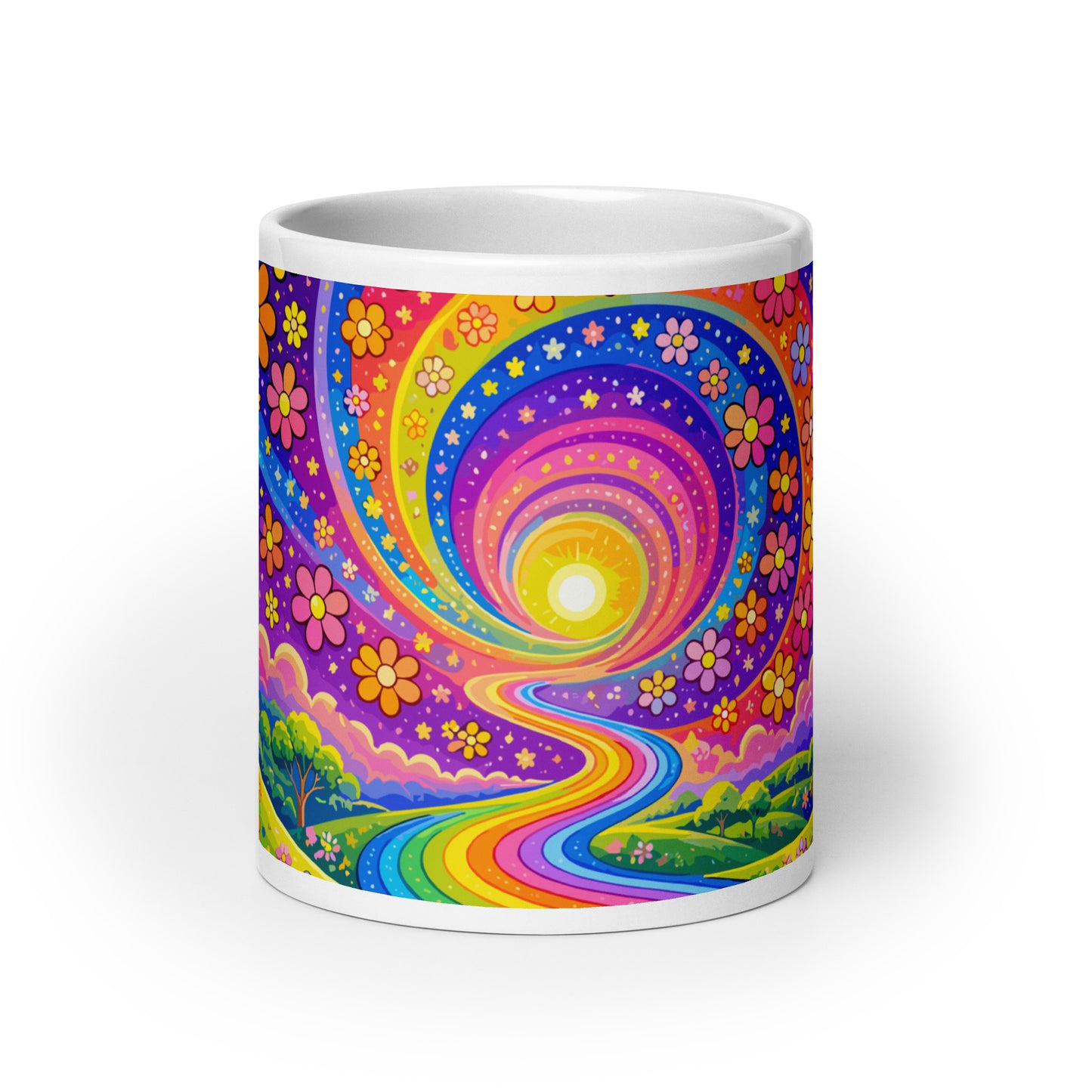 Psychedelic ceramic coffee mug featuring a vibrant rainbow road through green hills with colorful daisy flowers