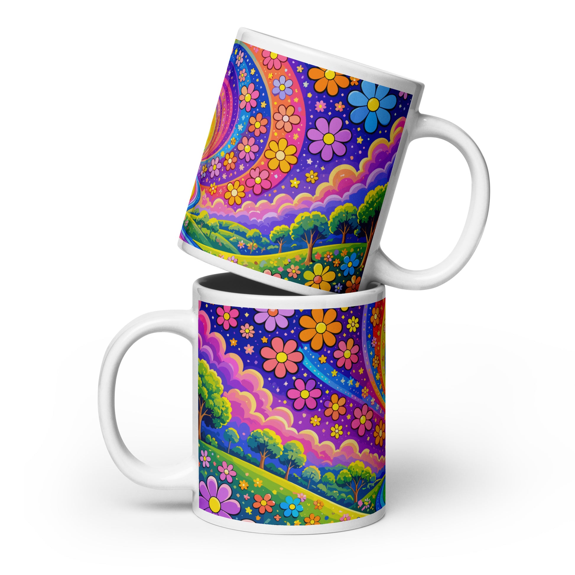 Psychedelic ceramic coffee mug featuring a vibrant rainbow road through green hills with colorful daisy flowers