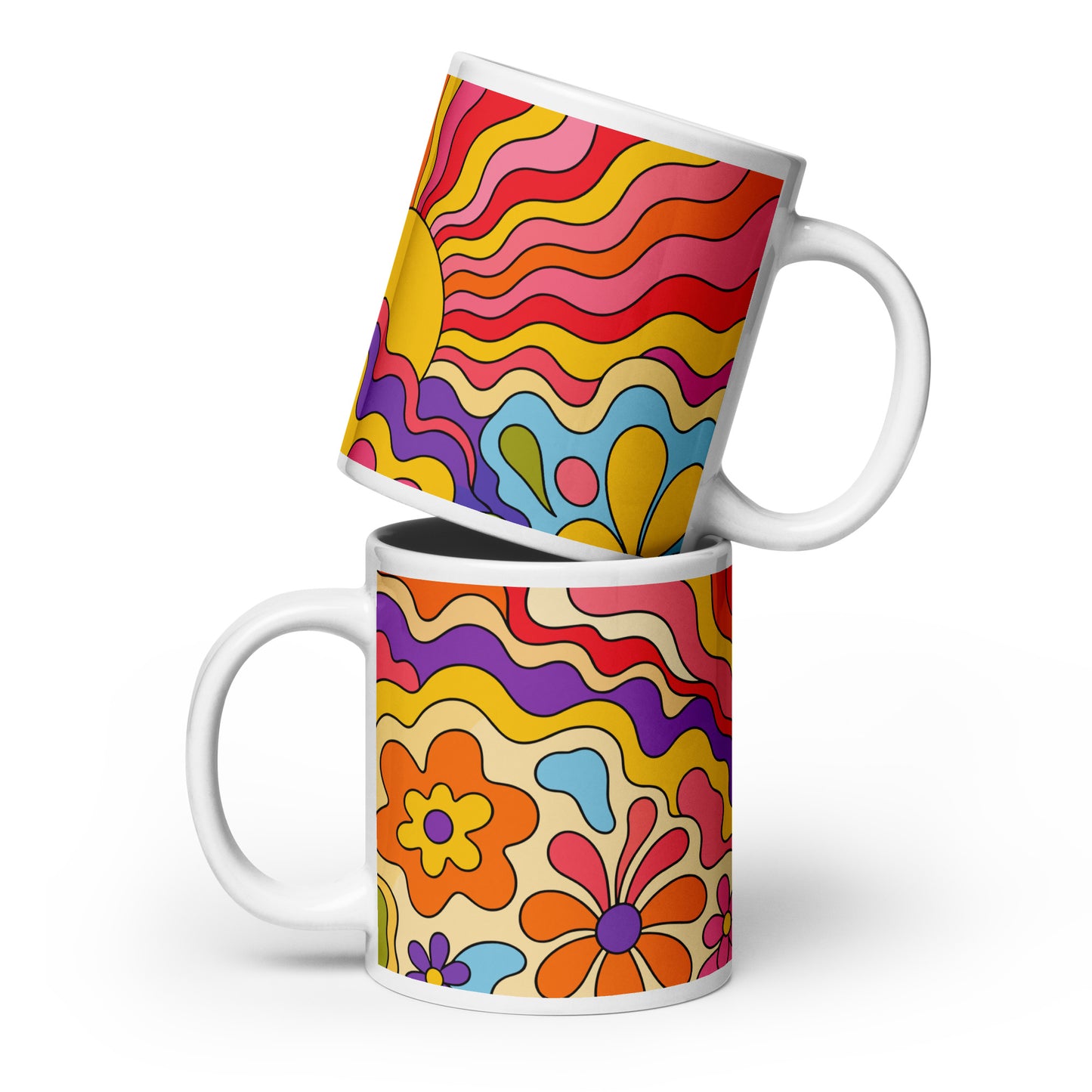 Vibrant 1970s psychedelic ceramic mug featuring a wavy retro sunburst sunset surrounded by colorful groovy flowers.