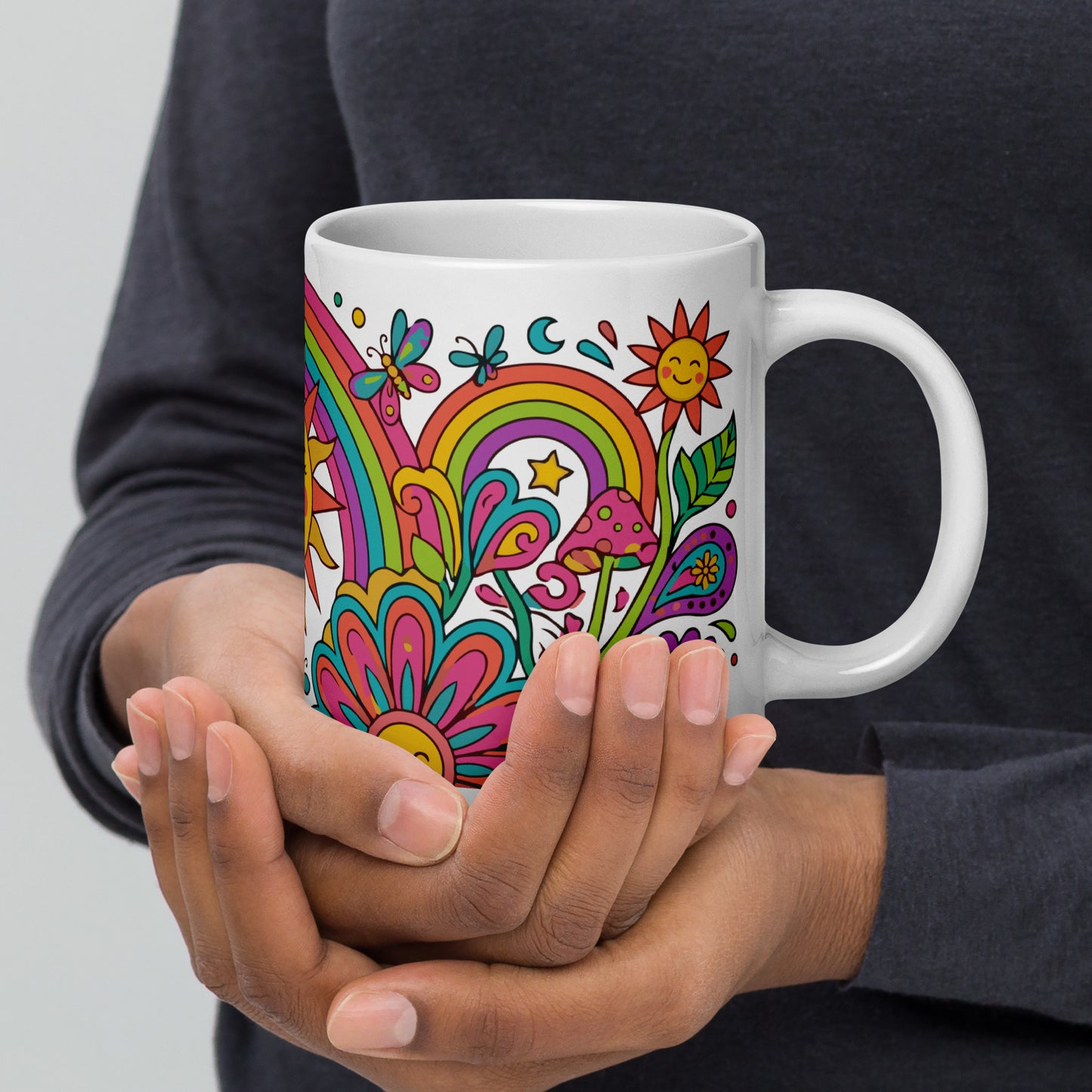 Vibrant 70s psychedelic ceramic mug design with smiling flowers, colorful rainbows, trippy mushrooms, and a sun.