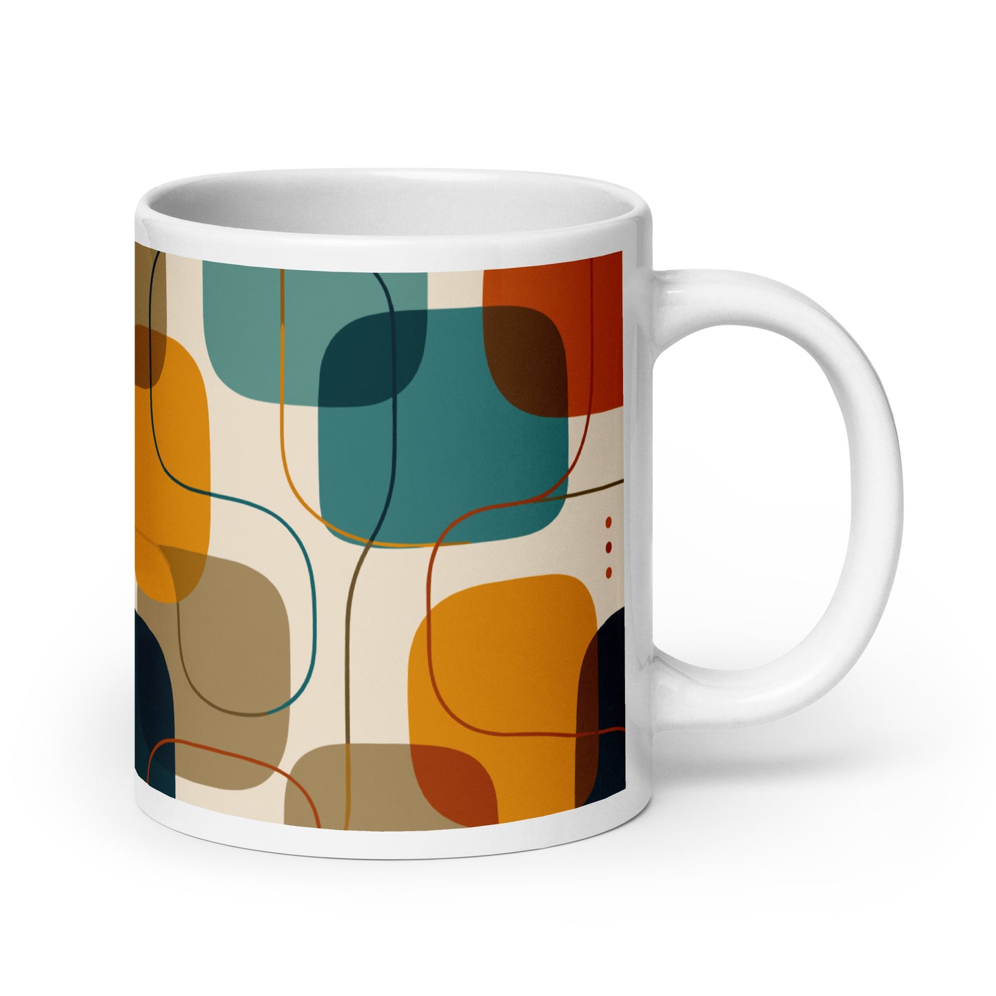 Retro geometric ceramic coffee mug featuring mid-century rounded squares and lines in teal, mustard yellow, and orange.