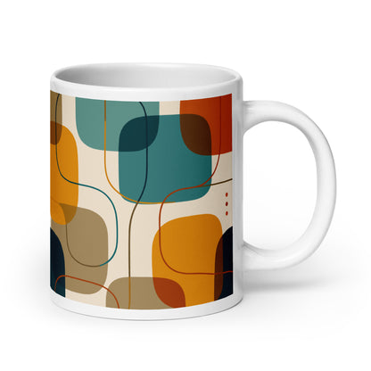 Retro geometric ceramic coffee mug featuring mid-century rounded squares and lines in teal, mustard yellow, and orange.