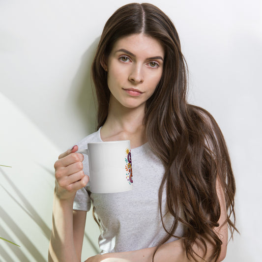 Retro coffee mug featuring 'Good Vibes Only' text in groovy lettering with rainbows, suns, and colorful stars.