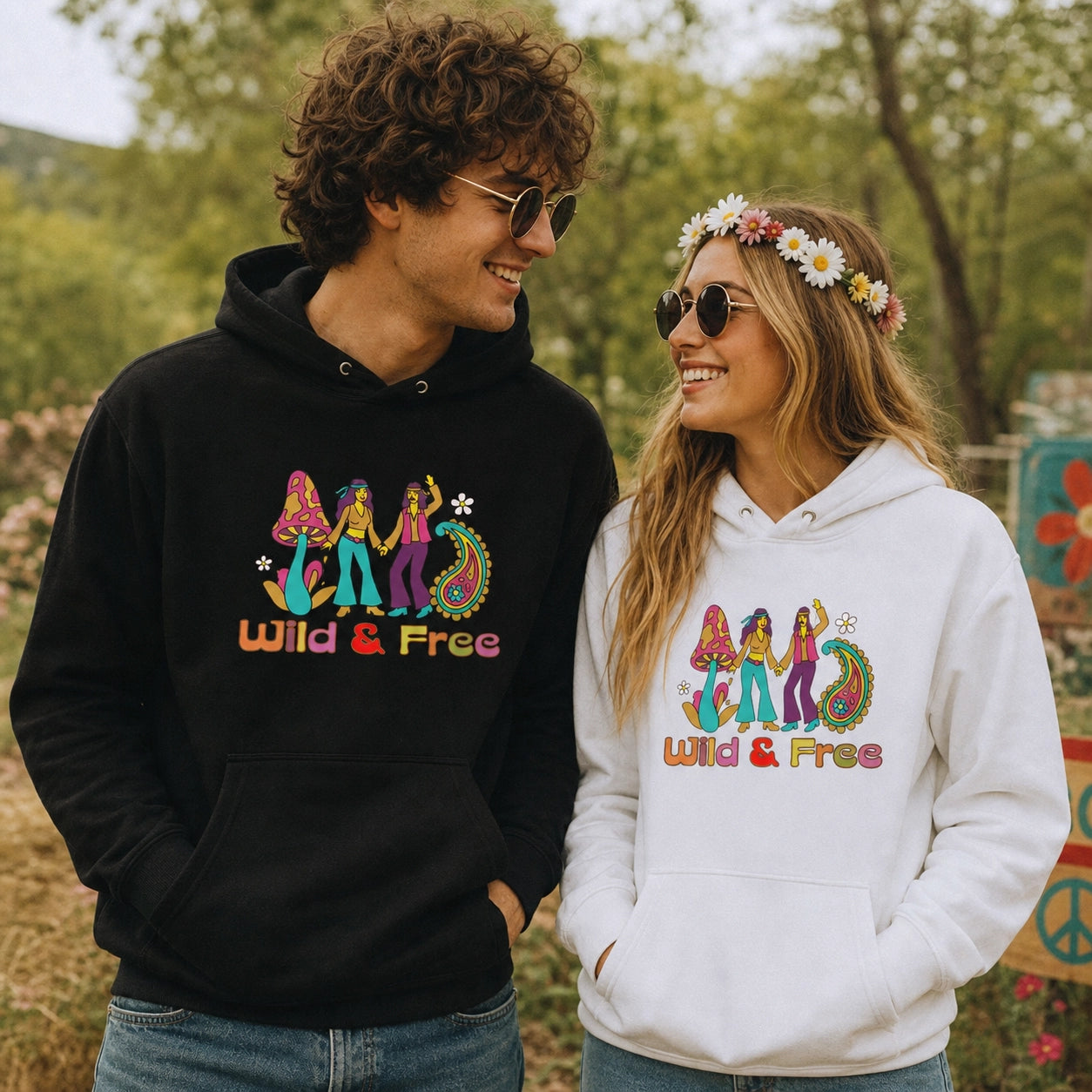 Front view of a cream unisex hoodie featuring a retro 1960s-style "Wild and Free" graphic with colorful vintage flowers.